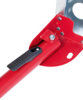 Detail of Heavy Hitter Portable Welding Table Folding Workbench leg clamp with locking mechanism, showing red steel construction.