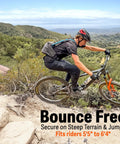 Mountain biker using mountain bike hydration pack with 3L bladder and 10L storage for trail rides, lumbar support, charcoal color.