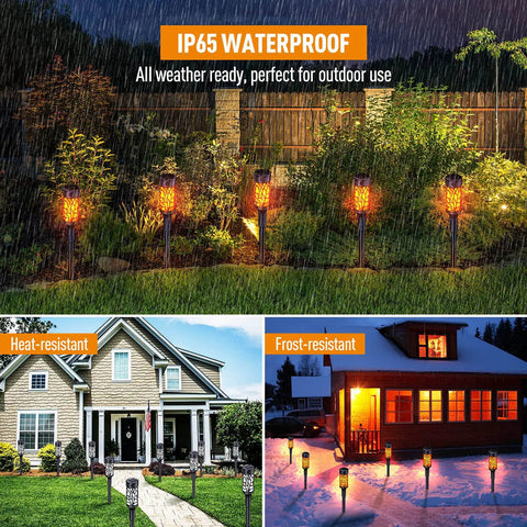12 Pack Solar Outdoor Lights Extra Bright Solar Torch Lights With Dancing Flickering Flames Lit For Garden Halloween Decor Waterproof Yard Pathway Patio For Outdoor Pathways displaying IP65 waterproof feature in garden and porch settings.
