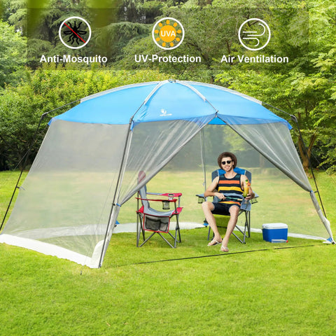 13 By 9 Ft Screen Tent For Backyard Or Beach Hangouts, spacious screen house with mesh walls and sun shade canopy over grass.