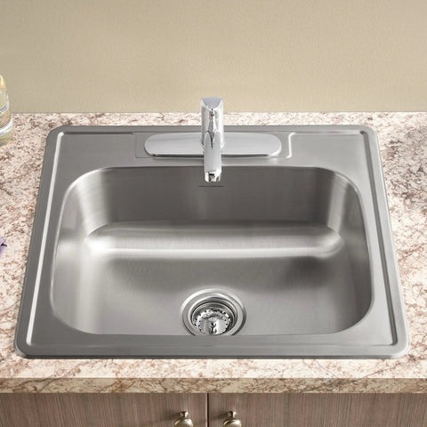 Colony Top Mount ADA 15x15 Stainless Steel Single Bowl Kitchen Sink With Drain And Installation Hardware on marble counter