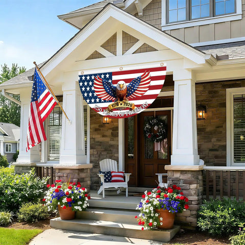 Two Pack 250th Anniversary USA Bunting Flag 4x2 Feet Patriotic Eagle Banner For Fourth Of July And Memorial Day on house porch