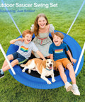 Heavy Duty Saucer Swing Set For Backyard 500lbs Capacity Outdoor Metal Frame Playground Equipment With 45 Inch Round Swing in use by kids and dog.
