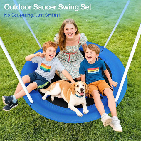Heavy Duty Saucer Swing Set For Backyard 500lbs Capacity Outdoor Metal Frame Playground Equipment With 45 Inch Round Swing in use by kids and dog.