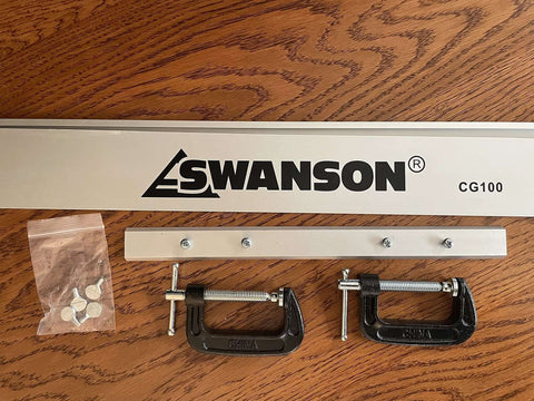 Front view of Swanson CG100 aluminum 100-inch cutting guide with joiner bar; includes 2 C-clamps and 4 thumb screws