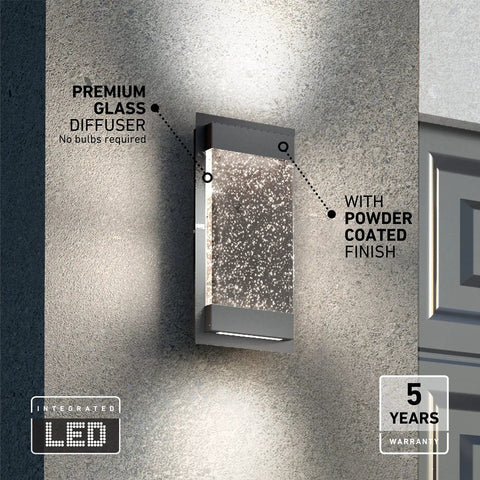 Essence Bubble Glow Box Outdoor Light With 300 Lumen LED, 6 Inch Weatherproof Black Wall Mount Fixture on brick wall