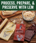 LEM sausage casings and packaging bags with venison graphics on wooden surface