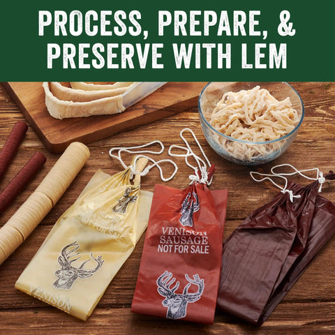 LEM sausage casings and packaging bags with venison graphics on wooden surface