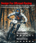 Off-road racing motorcycle designed for various terrains, rider in full gear, promoting high performance and durability features.