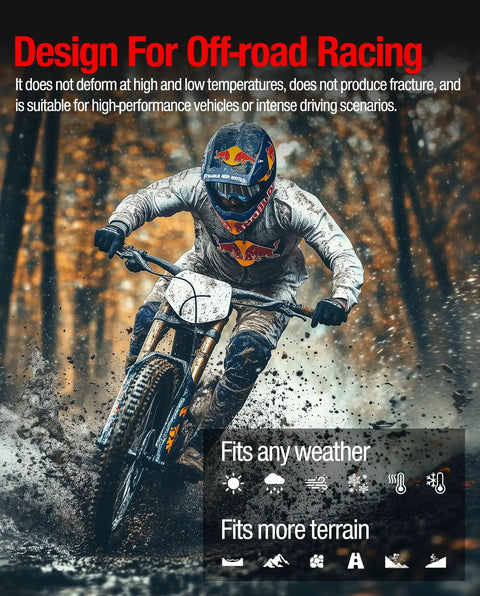 Off-road racing motorcycle designed for various terrains, rider in full gear, promoting high performance and durability features.