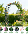 Adjustable Garden Arch Trellis 4.9x8.5 Ft Metal Outdoor Arbor for Climbing Plants covered in blooming roses, black, on a sunny day