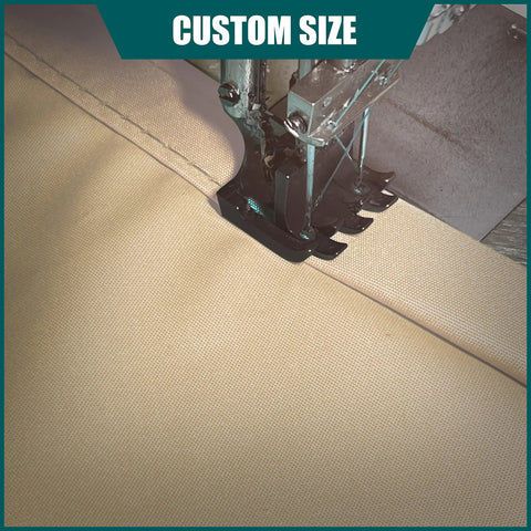 Close-up of sewing a Beige Triangle Sun Shade Sail Canopy Waterproof 16 By 16 By 16 Feet For Outdoor Patio Garden UPF 50 Plus UV Block 95 Percent Water Resistant With Quick Drain 20 Degree Tilt And Custom Size Available
