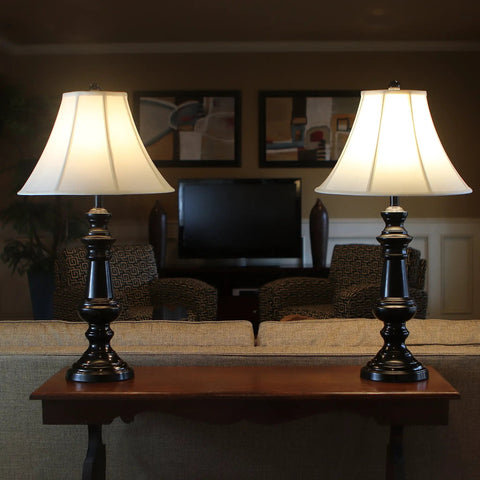 Touch Control Steel Table Lamps Bronze Finish Set Of 2 With Faux Silk Softback Shades Modern Nightstand And Living Room Lighting