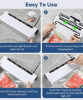 Instructions for using the Powerful 75KPa Vacuum Sealer For Food With Digital Timer And One Touch Operation No-Fuss Quick Sealing In 10-15 Sec Compact Home Kitchen Gadget Includes 20 Bags Easy To Use For Meal Prep, showing step-by-step process.