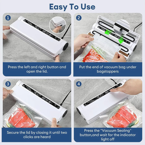Instructions for using the Powerful 75KPa Vacuum Sealer For Food With Digital Timer And One Touch Operation No-Fuss Quick Sealing In 10-15 Sec Compact Home Kitchen Gadget Includes 20 Bags Easy To Use For Meal Prep, showing step-by-step process.