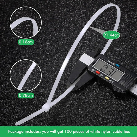 100 Pack 36 Inch White Zip Ties Heavy Duty Cable Ties for Indoor Outdoor Use with caliper measuring length and width details
