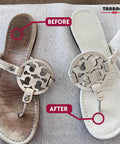 No Sweat Quick Color Leather And Canvas Dye For Beat Up Kicks Boots Bags And Coats In Bold Purple 25 Ml Tube used on sandals for color touch-up.