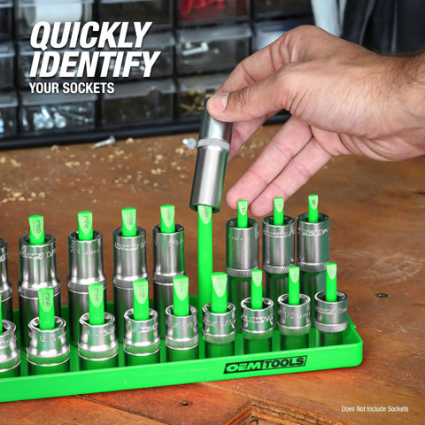 Person organizing sockets in a Six Tray Socket Organizer For SAE And Metric Sockets Fits One Quarter, Three Eighths, And One Half Inch Drives.
