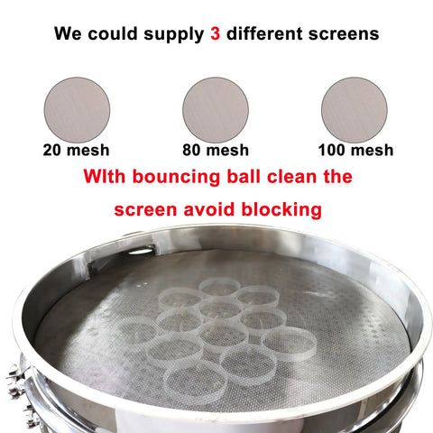Top Shelf Electric Vibrating Sifter Screen Shaker Machine with 20, 80, 100 mesh screens showcased on stainless steel frame.