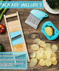 Top-down view of 3-piece potato cutter set: lattice waffle maker, blue crinkle cutter with protective cover, and food safety holder.