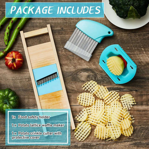 Top-down view of 3-piece potato cutter set: lattice waffle maker, blue crinkle cutter with protective cover, and food safety holder.