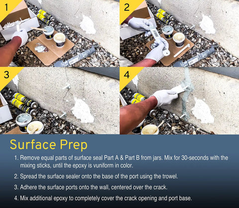 Step-by-step surface preparation with Foundation Crack Repair Kit With Polyurethane Injection Foam For Leaking Basement Walls