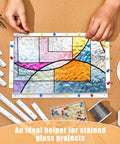 Pro Stained Glass Layout Block System With Sixty Mixed Color Push Pins Tracing Board securing colorful glass panels during cutting.