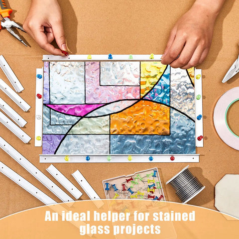 Pro Stained Glass Layout Block System With Sixty Mixed Color Push Pins Tracing Board securing colorful glass panels during cutting.