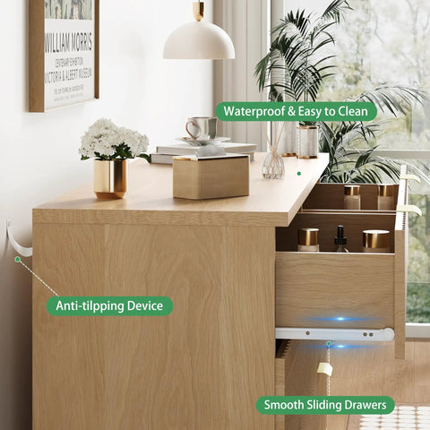 Fluted Dresser for Bedroom With Six Drawers and Totally Modern Oak Finish 48 Inch Wide Wooden Dresser with anti-tipping feature