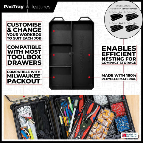 Four Compartment ABS Tool Tray For Milwaukee Packout Compatible Half Width Boxes with tools organized inside and features.