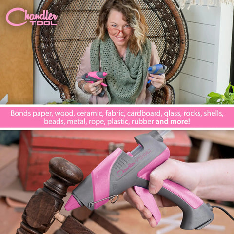 Real Deal Full Size Corded Hot Glue Gun Bundle With Stable Self Standing Base And 10 Heavy Duty Glue Sticks Made For Daily Crafts Or Weekend Warrior Diy Tasks Pink Grey 60W held by a user, bonding materials.