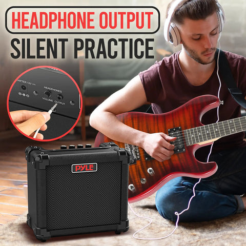 Compact 10 Watt Electric Guitar Amp With 5 Inch High Definition Speaker Easy Volume Bass Treble Distortion And Gain Controls Headphone Output Perfect For Practice Jamming And Small Gigs next to man playing guitar
