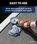 Venta Pontoon Anchor Winch Heavy Duty Electric Bow Mount With 220 Lb Load Capacity, 92 Ft Three Strand Rope, 6 Ft Chain, 400W IP66 Marine Motor, Slackline Sensor Cut Off Switch, Easy Foot Switch Deployment, 12V Power Supply foot switch on pontoon deck