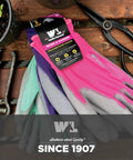 Women Garden Gloves With All Day Comfort Breathable Polyester Shell And Seamless Fit PU Coated Palm For Superior Grip And Durability Elastic Wrist 3 Pack In Pink Green Purple Medium on wooden table with gardening tools