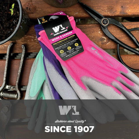 Women Garden Gloves With All Day Comfort Breathable Polyester Shell And Seamless Fit PU Coated Palm For Superior Grip And Durability Elastic Wrist 3 Pack In Pink Green Purple Medium on wooden table with gardening tools