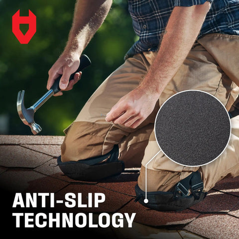 Non Slip Work Knee Pads For Men And Women with thick foam padding and adjustable straps shown on a person kneeling with a hammer.