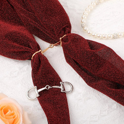 Two Piece Horse Bit Buckle Set Silk Scarf Buckle Ring in gold and silver on red scarf with pearl bracelet