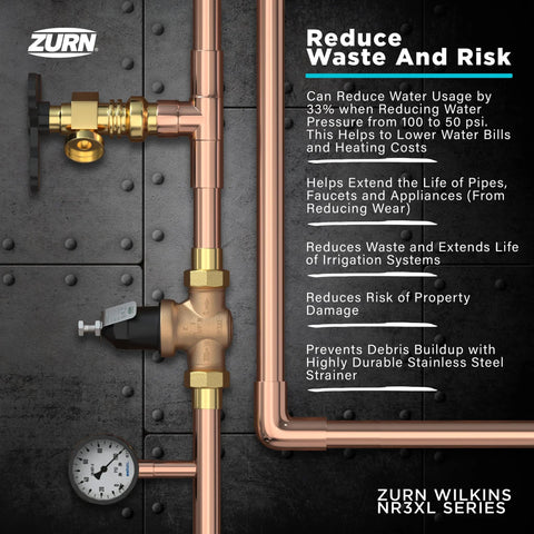Zurn Wilkins NR3XL 1-inch pressure reducing valve with double-union FNPT copper sweat connections.
