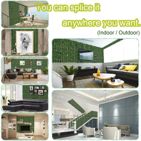 Various indoor setups with Artificial Ivy Privacy Fence Screen 128 By 48 Inches UV Resistant Faux Hedge Wall as greenery backdrop.