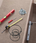 Heavy Duty Six Inch Sofa Spring Repair Kit tools, measuring tape, level, screws, for couch seat fixing and chair upholstery upgrades.