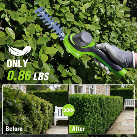 Cordless 2-In-1 Grass Trimmer And Hedge Cutter With 44.5-Inch Extension Pole, showcasing hedge trimming results.