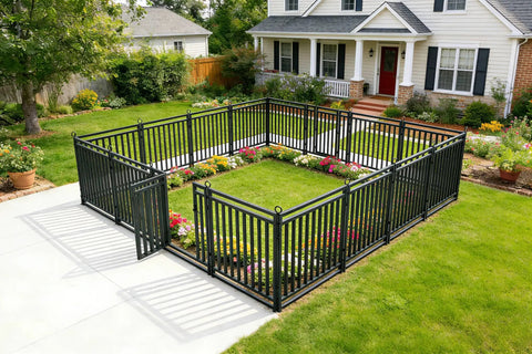 Installed Rustproof Metal Garden Fence Kit 36ft Long 40in High With 14 Panels And 2 Gates No Dig Pet Barrier in a yard.