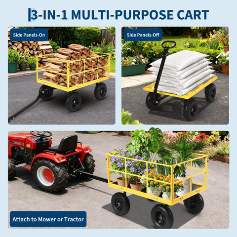 Heavy Duty 1500 Lbs Mesh Steel Garden Cart With Folding Utility Wagon showcasing removable sides and all terrain wheels