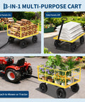 Heavy Duty Steel Garden Cart 1500 Lbs Capacity 3 In 1 Utility Wagon with mesh sides, hauling firewood, soil, and plants