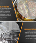 Image of Three Sizes Stainless Steel Splatter Screen Set With Resting Feet 13 Inch 11.5 Inch And 9.5 Inch Fine Mesh Grease Guard over pot, showcasing ergonomic design.