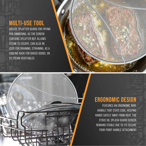 Image of Three Sizes Stainless Steel Splatter Screen Set With Resting Feet 13 Inch 11.5 Inch And 9.5 Inch Fine Mesh Grease Guard over pot, showcasing ergonomic design.