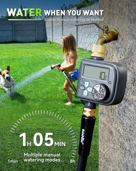 Child playing while Sprinkler Timer With 3 Independent Programs Waterproof Hose Timer Brass Inlet Rain Delay Manual and Automatic is running