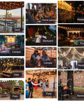 Warm 2200K Outdoor LED String Lights 100Ft With 52 Shatterproof Edison Bulbs illuminating various outdoor settings.