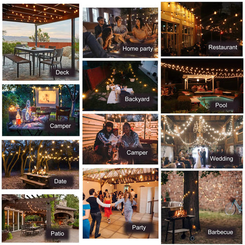 Warm 2200K Outdoor LED String Lights 100Ft With 52 Shatterproof Edison Bulbs illuminating various outdoor settings.
