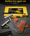 Pro Grade Tire Repair Kit With Plugs For Punctures And Flats, tools and plugs displayed with case and instructions.